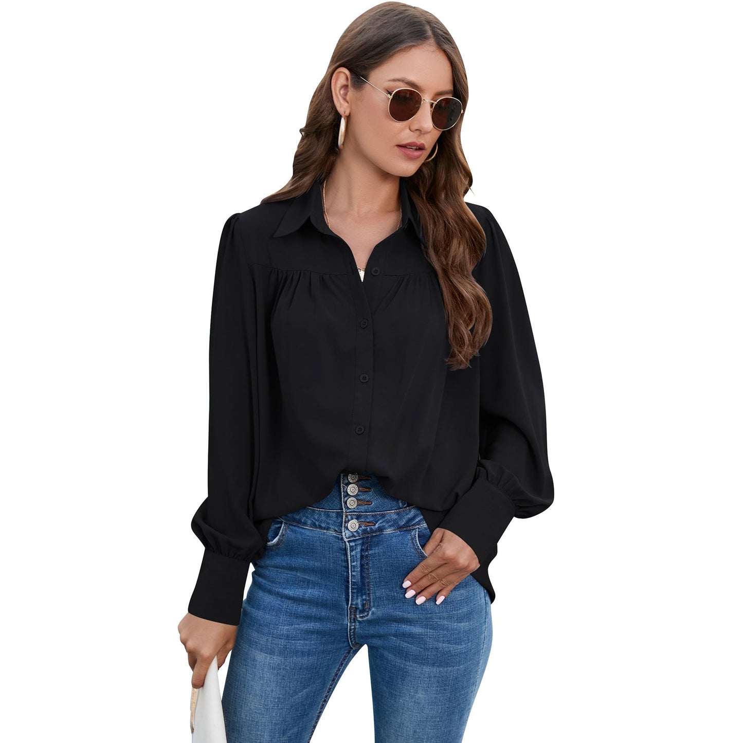 Casual Chiffon Long Sleeves Blouses for Women-Shirts & Tops-Black-S-Free Shipping Leatheretro