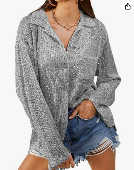 Fashion Sequined Long Sleeves Shirts-Shirts & Tops-Gray-S-Free Shipping Leatheretro