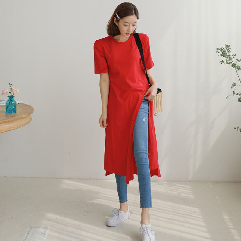 Summer Casual Split Front Short Sleeves Long T Shirts for Women-Dresses-Black-S-Free Shipping Leatheretro
