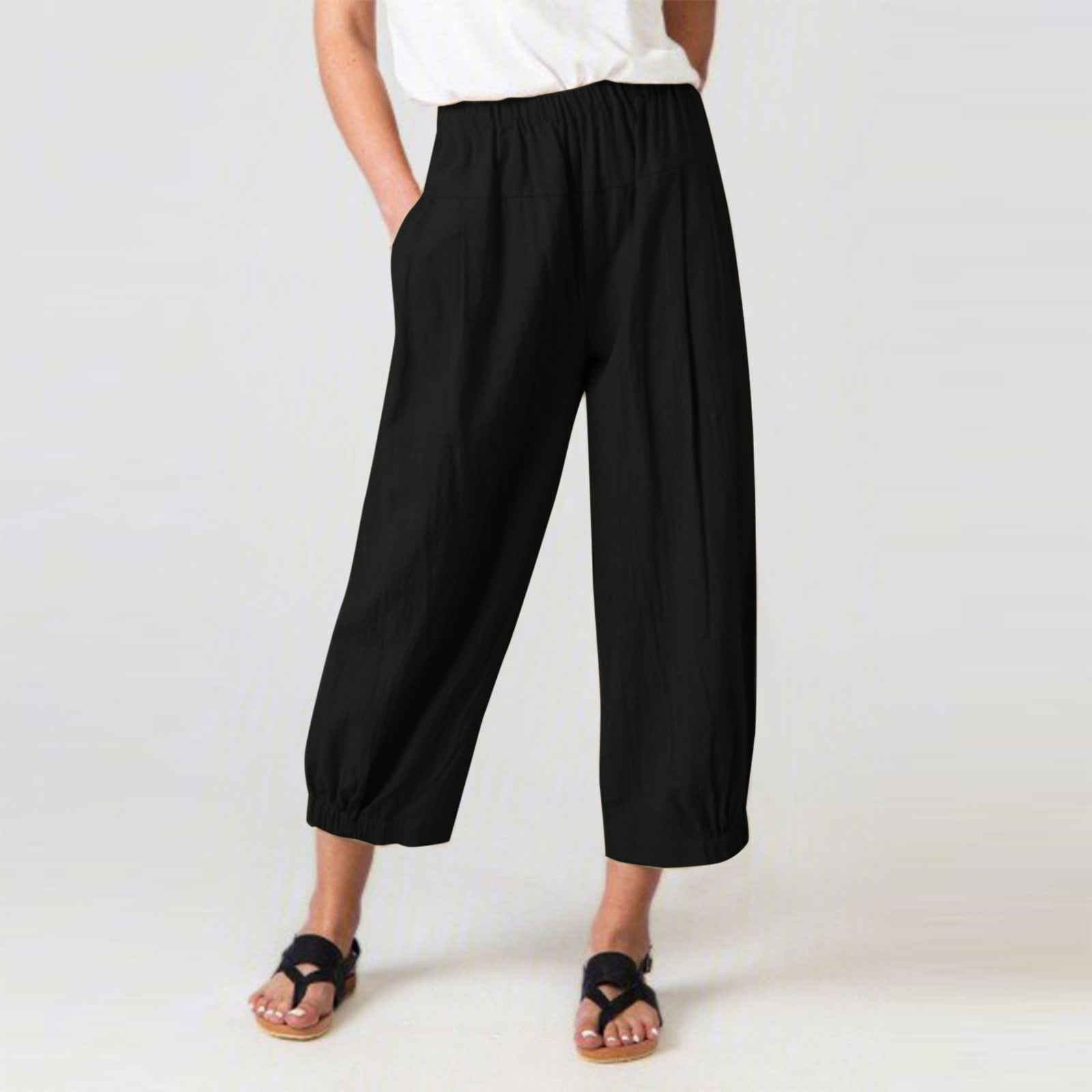 Loose High Waist Cropped Wide Legs Pants-Pants-Black-S-Free Shipping Leatheretro