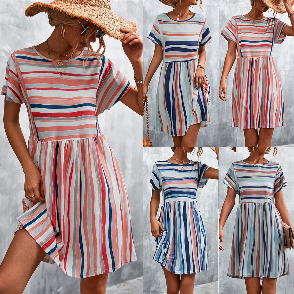 Casual Summer Striped Short Dresses-Dresses-Khaki-S-Free Shipping Leatheretro