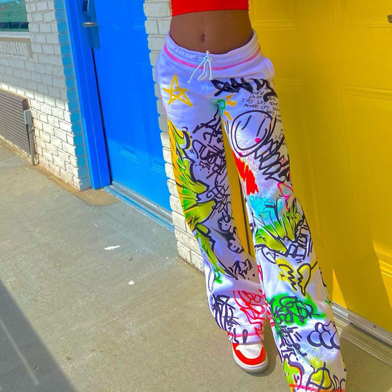 Casual Graffiti Print Wide Legs Pants for Women-Pants-The same as picture-S-Free Shipping Leatheretro