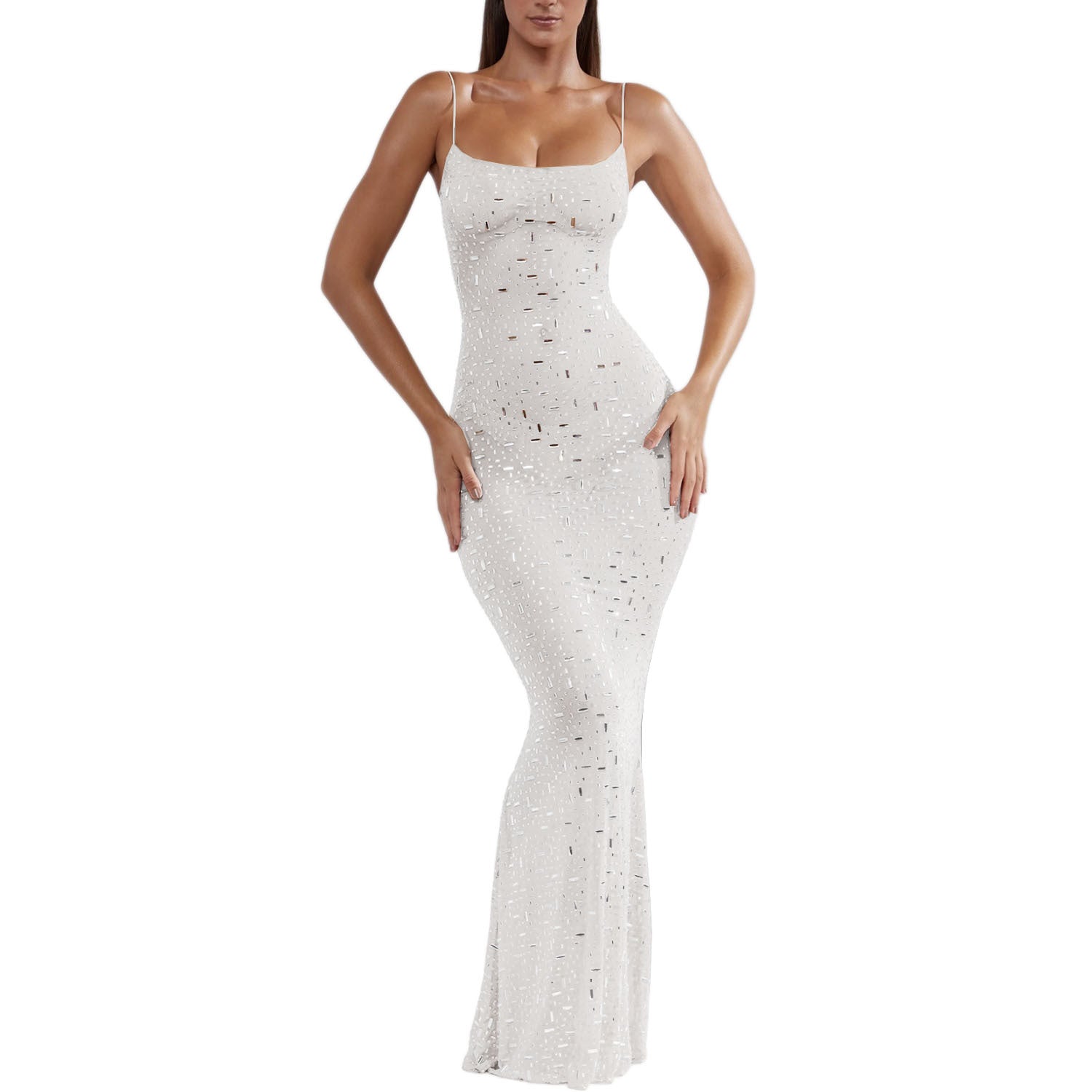 Sexy Bright Diamond Mermaid Long Party Dresses-Dresses-White-S-Free Shipping Leatheretro