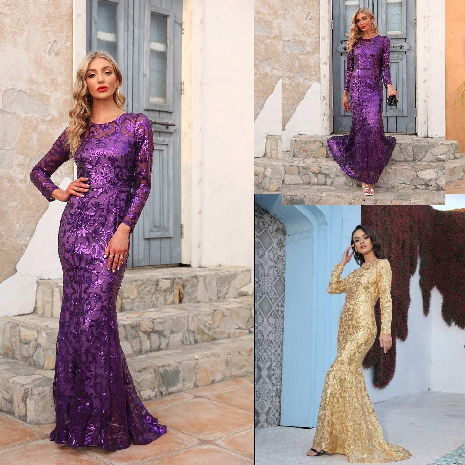 Elegant Round Neck Long Evening Dresses-Dresses-Purple-S-Free Shipping Leatheretro