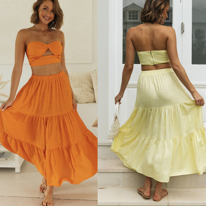 Sexy Women Strapless Tops and Skirts Suits-Dresses-Pink-S-Free Shipping Leatheretro