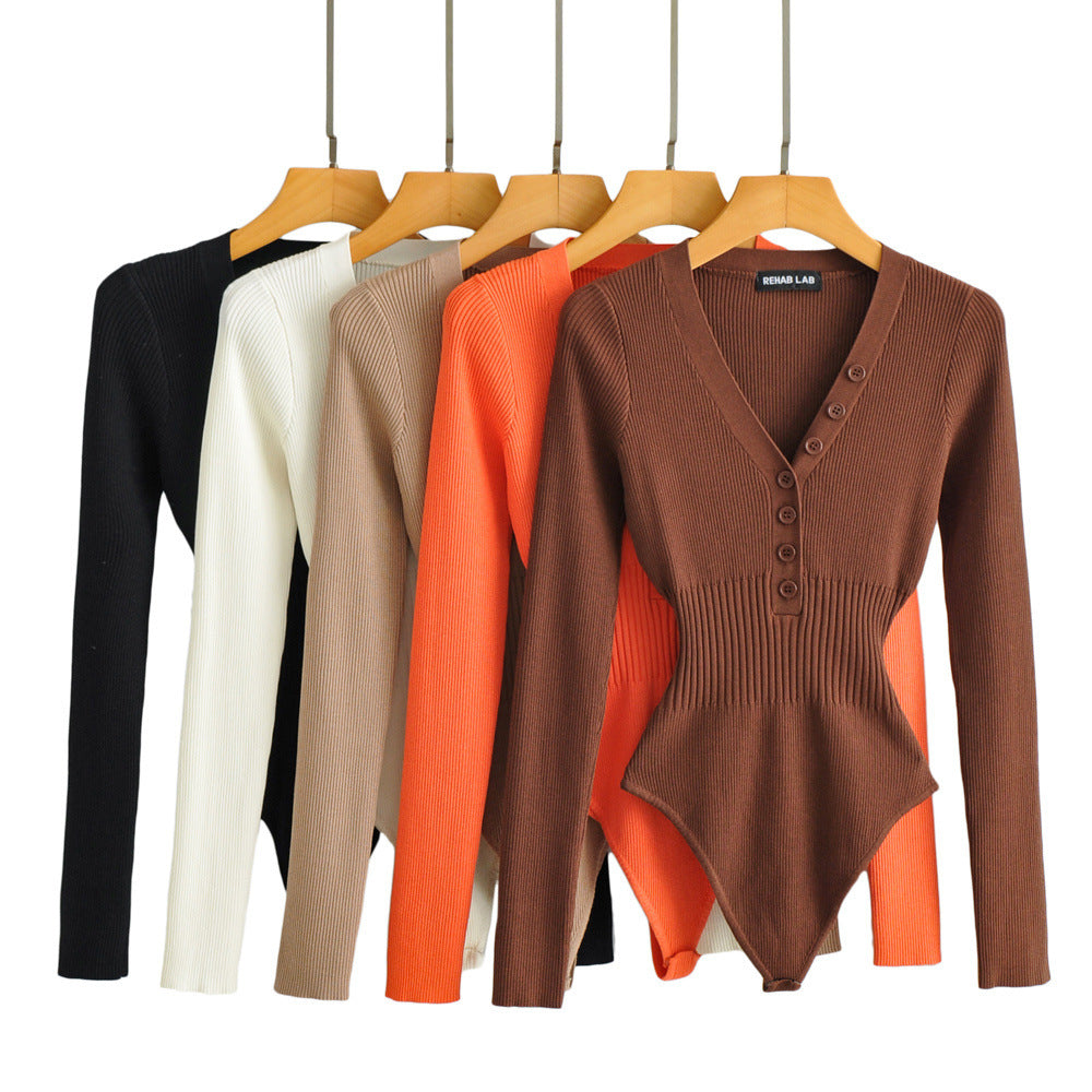 Women Slim Waist Long Sleeves Knitting Basic Romper Shirts-Shirts & Tops-Khaki-One Size-Free Shipping Leatheretro