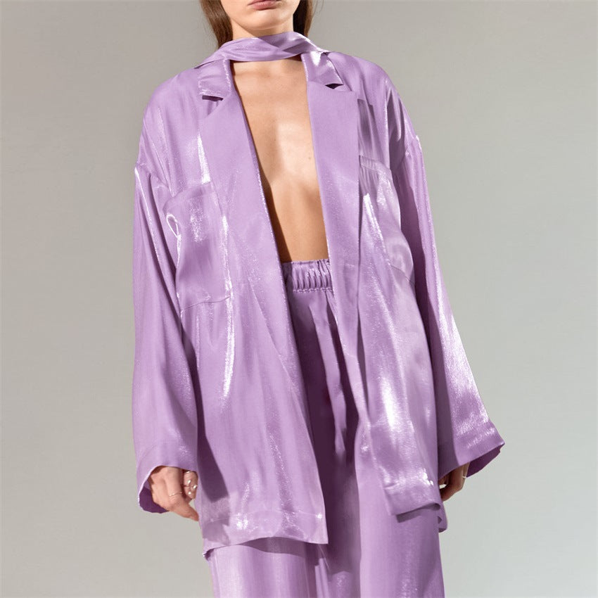 Casual Satin Women Long Sleeves Shirts and Wide Leg Pants-Suits-Purple-S-Free Shipping Leatheretro