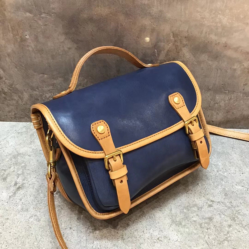 Handmade Veg Leather Cambridge Crossbody Bag 9033-Blue-Free Shipping Leatheretro