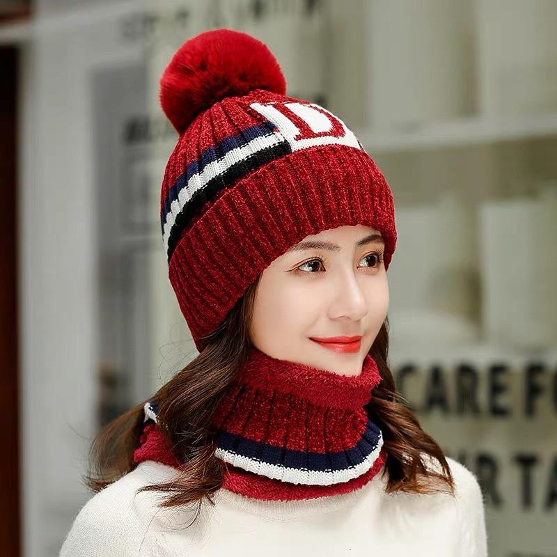 Women Fleeced Lined KnittedWarm Hats+Scarfs-Hats-Wine Red-56-60cm-Free Shipping Leatheretro