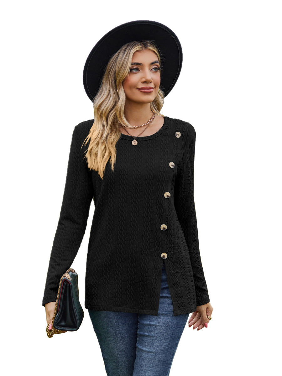 Fashion Round Neckline Button Long Sleeves Shirts-Shirts & Tops-Black-S-Free Shipping Leatheretro