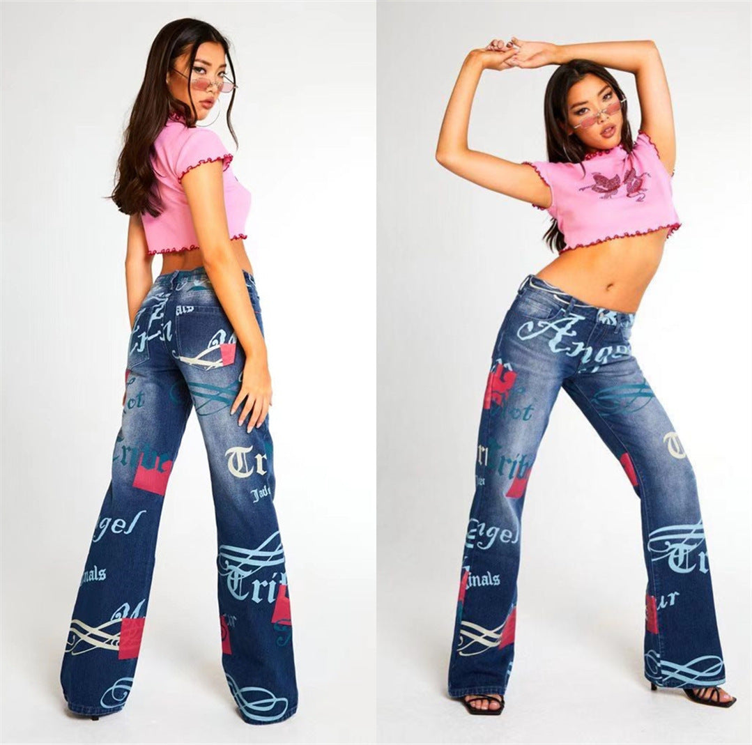 Casual Letter Print High Waist Pants-Pants-Blue-XS-Free Shipping Leatheretro