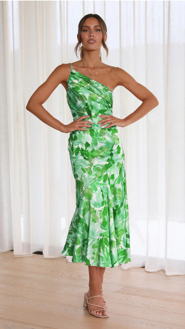 Fashion Summer One Shoulder Midi Length Dresses-Dresses-Green-S-Free Shipping Leatheretro