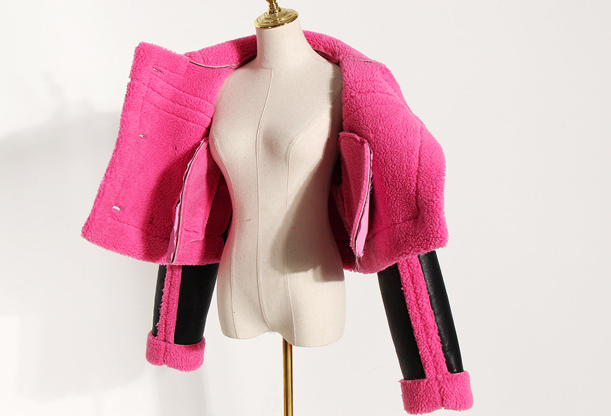 Designed Motorcycle Artificial Fur Jackets-Coats & Jackets-Rose Red-S-Free Shipping Leatheretro