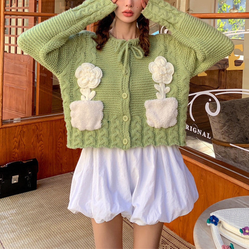 Lovely 3d Floral Design Knitted Cardigan Sweaters-Shirts & Tops-Green-One Size-Free Shipping Leatheretro