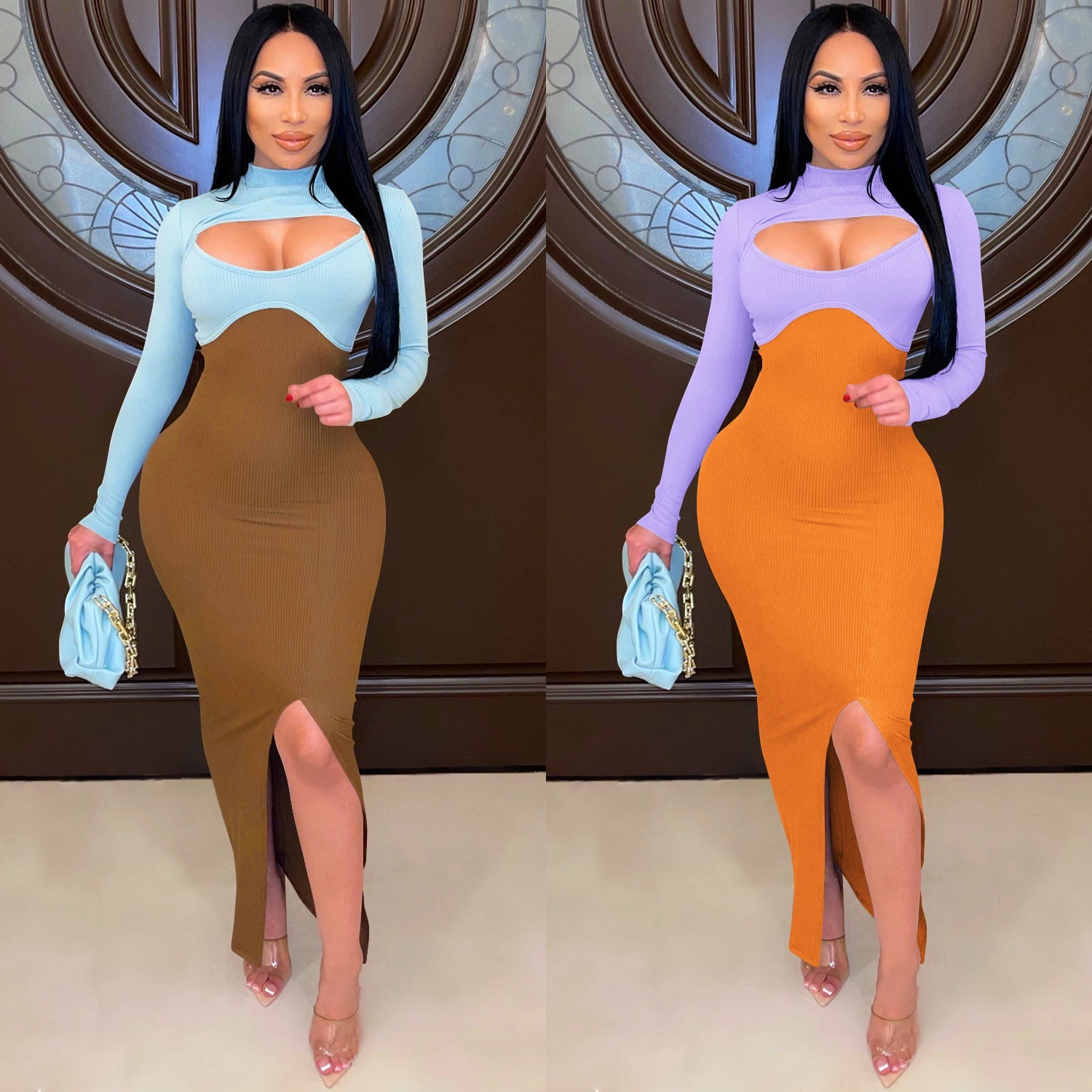 Sexy Constract Color Tight Dresses for Women-Dresses-Brown-S-Free Shipping Leatheretro