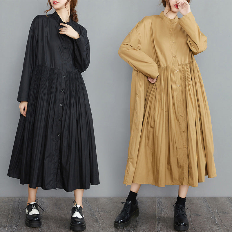 Vintage Stand Collar Plus Sizes Fall Shirts Dresses-Dresses-Black-L-Free Shipping Leatheretro