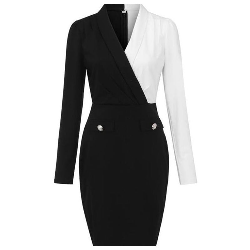 Black and White Fashion Office Lady Long Sleeves Dresses-Dresses-Black&White-S-Free Shipping Leatheretro