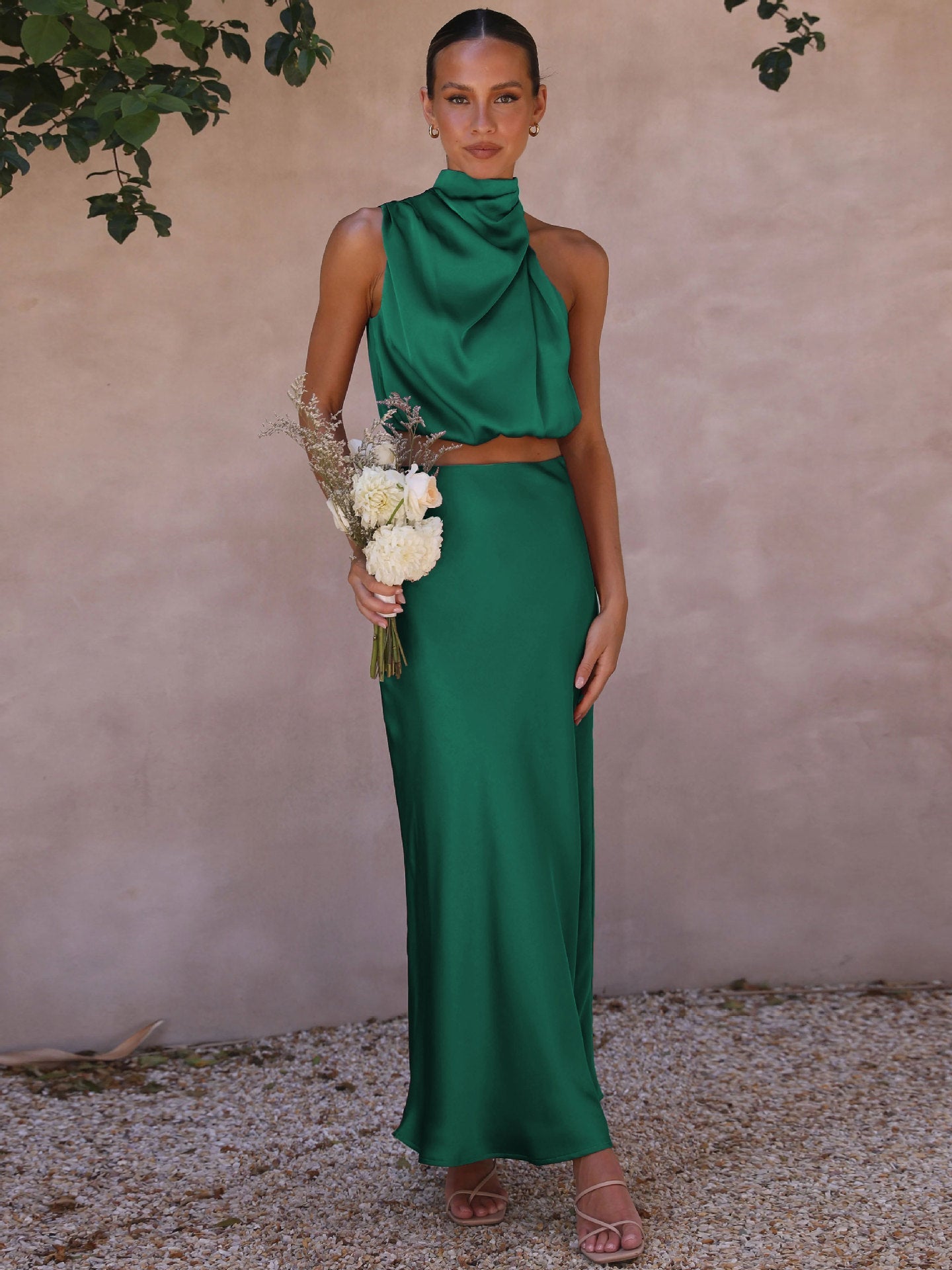 Sexy High Neck Tops and Long Skirts Two Pieces Evening Dresses-Dresses-Dark Green-S-Free Shipping Leatheretro