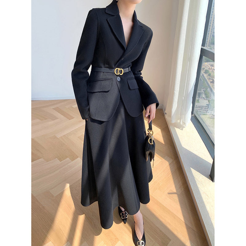 Luxury Woolen Blazer Top & Skirts Sets for Women-Suits-Black-S-Free Shipping Leatheretro