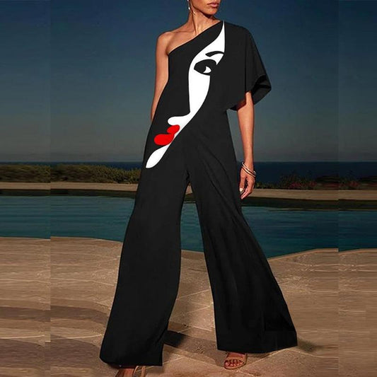 New Summer Fashion Face Print One Shoulder Jumpsuits-Jumpsuits-Black-S-Free Shipping Leatheretro