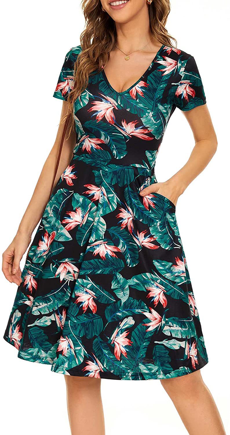 Casual Summer Sunflower Print Daily Women Sun Dresses-Dresses-Green-S-Free Shipping Leatheretro