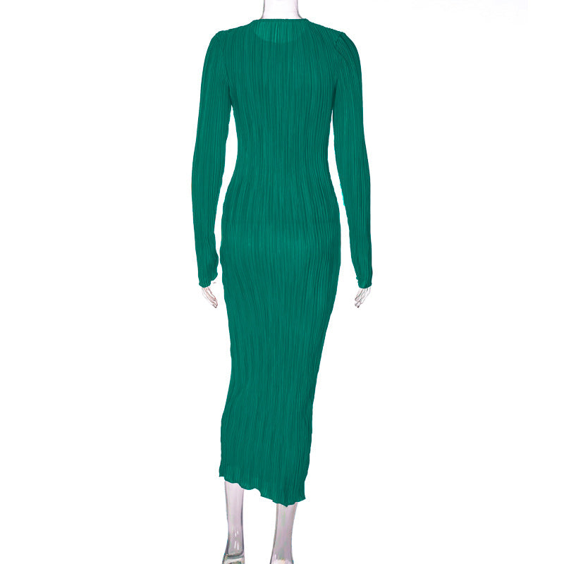 Fashion Round Neck Long Sleeves Dresses-Dresses-Dark Green-S-Free Shipping Leatheretro