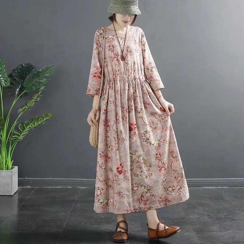 Vintage Cotton Women Plus Sizes Long Dresses-Dresses-Gray-M-Free Shipping Leatheretro