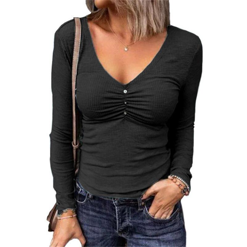 Women Deep V Neck Sexy Long Sleeves T Shirts-Shirts & Tops-Black-S-Free Shipping Leatheretro