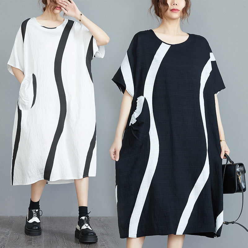 Casual Striped Plus Sizes Women Dresses-Dresses-Black-L-Free Shipping Leatheretro