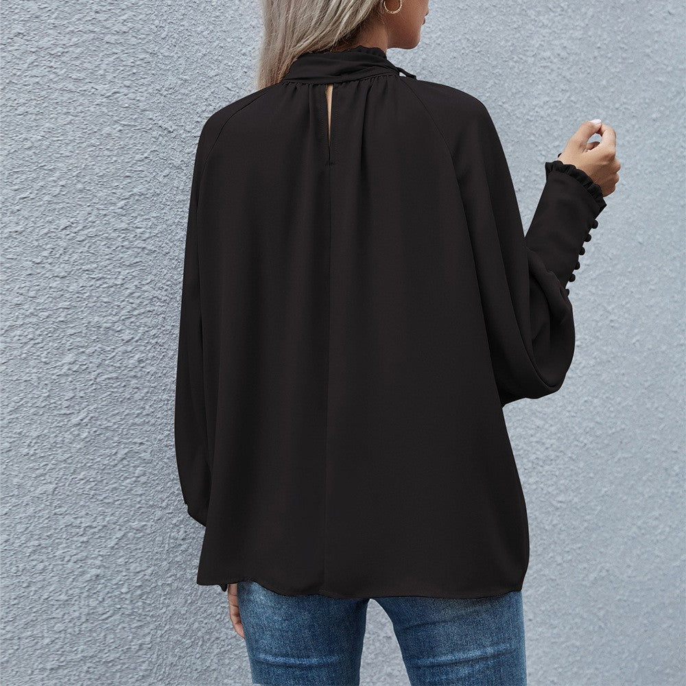 Casual High Neck Long Sleeves Blouses-Shirts & Tops-Black-S-Free Shipping Leatheretro