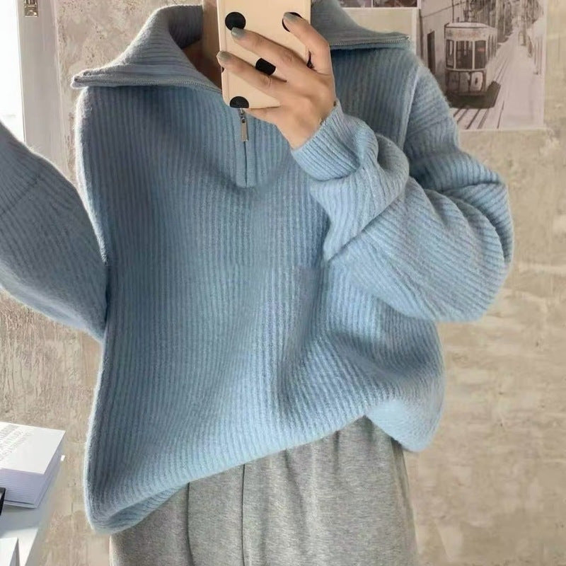 Casual Turnover Zipper Pullover Women Sweaters-Shirts & Tops-Blue-One Size-Free Shipping Leatheretro
