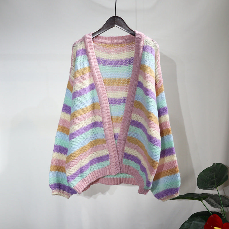 Colorful Striped Women Knitted Cardigan Outerwear-Shirts & Tops-Pink-One Size-Free Shipping Leatheretro