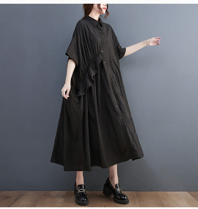 Summer Ruffled Plus Sizes Midi Shirts Dresses-Dresses-Black-One Size-Free Shipping Leatheretro