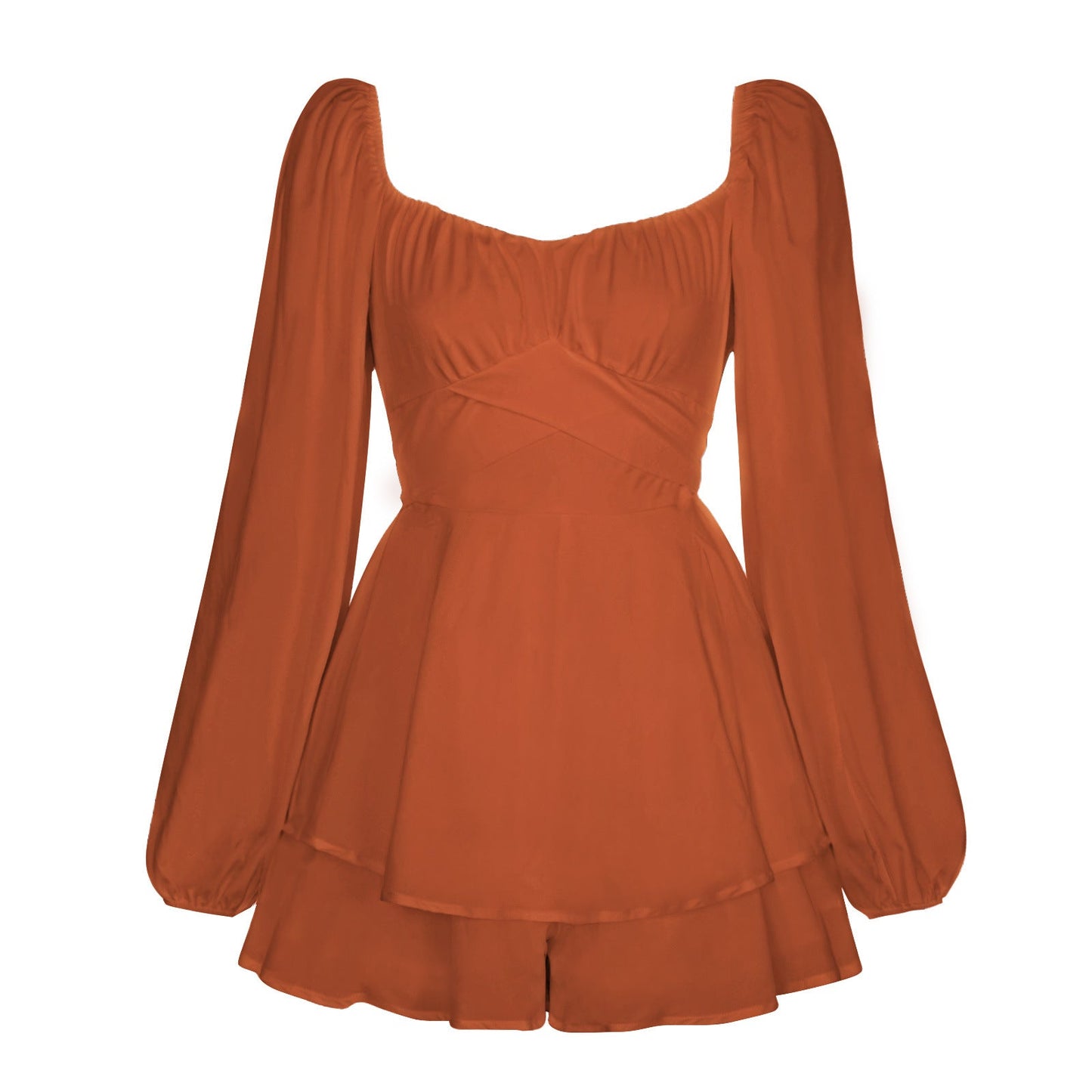 Sexy Square Neckline Long Sleeves Women Mini Dresses-Dresses-Orange-S-Free Shipping Leatheretro