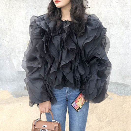 Designed Fashion Ruffled Long Sleeves Blouses Shirts-Shirts & Tops-Black-S-Free Shipping Leatheretro