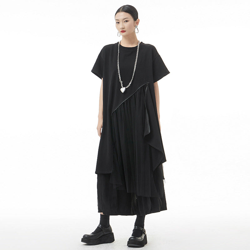 Designed Zipper Summer Short Sleeves T Shirts-Dresses-Black-One Size-Free Shipping Leatheretro