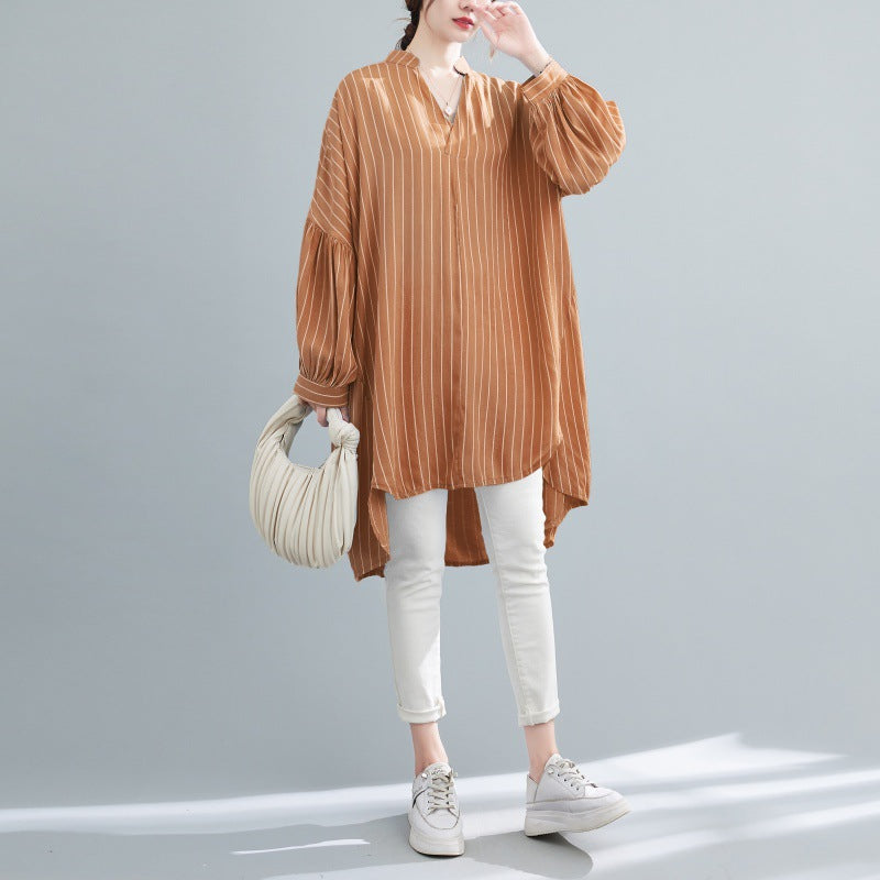 Designed Striped Long Shirts Dresses for Women-Dresses-Brown-One Size-Free Shipping Leatheretro