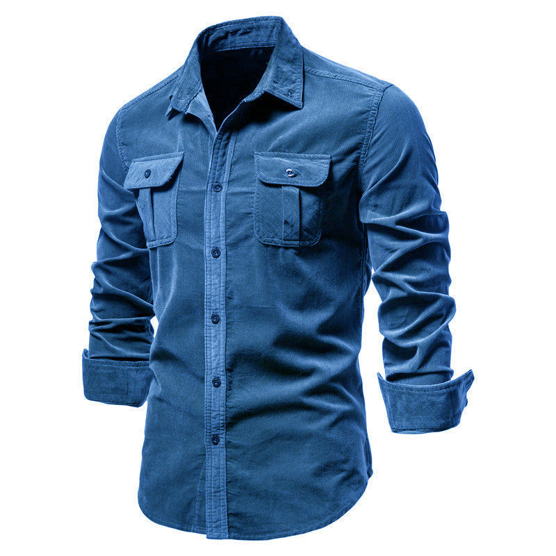 Men Long Sleeves Corduroy Business Shirts-Shirts & Tops-牛仔蓝-M-Free Shipping Leatheretro