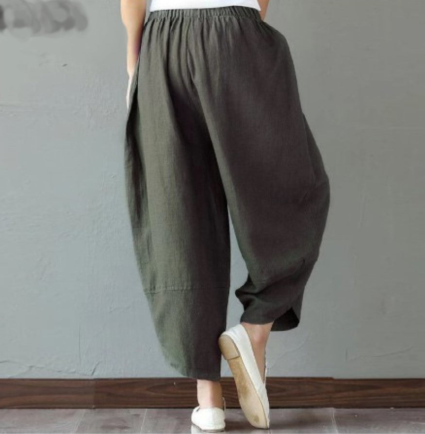 Vintage Linen Wide Legs Pants for Women-Pants-Army Green-M-Free Shipping Leatheretro