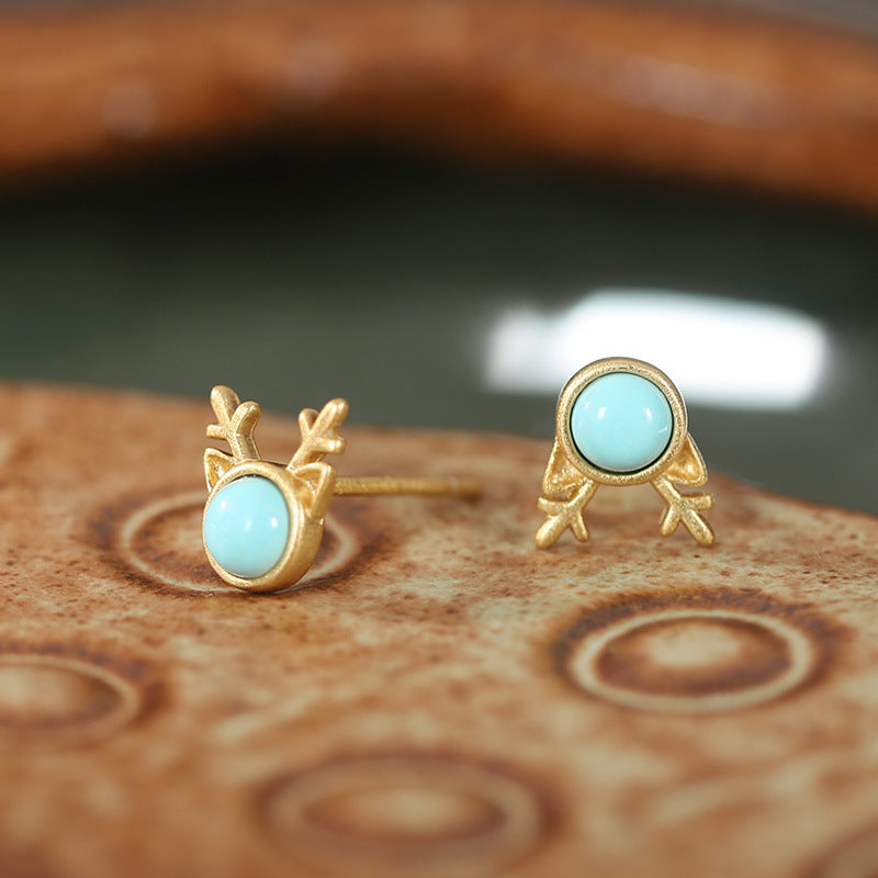 Lovery Deer Design Golden Plated Earring Stud-Earrings-Light Blue-Free Shipping Leatheretro