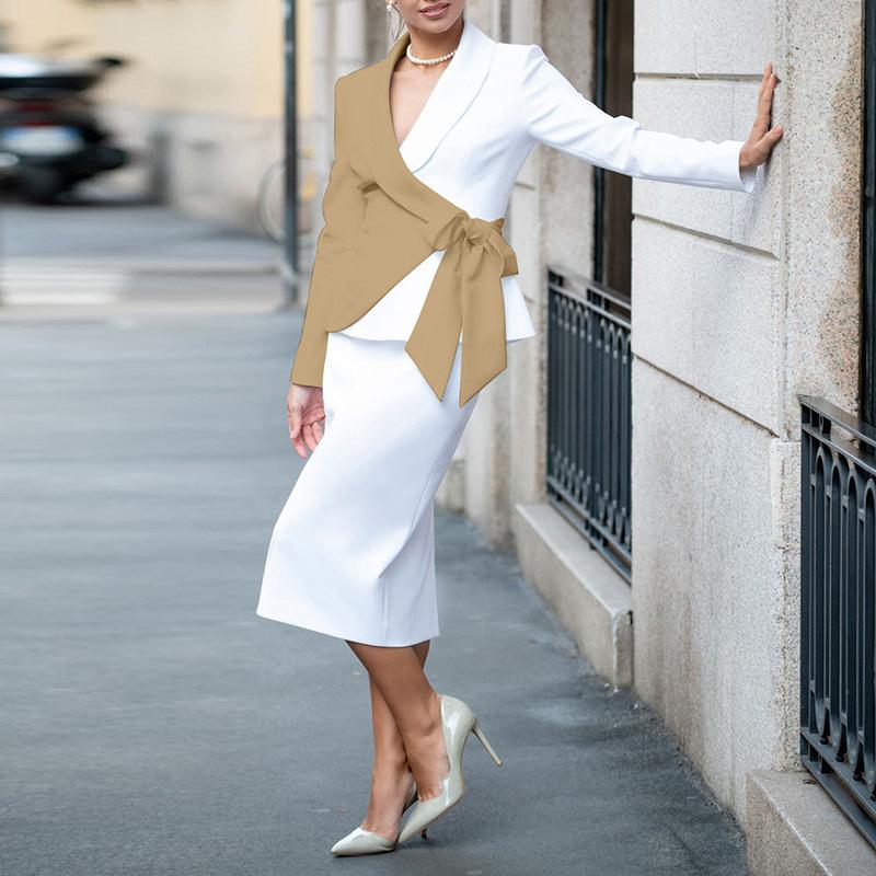 Sexy Office Lady Long Sleeves Bowknot Dresses-Office Lady Dresses-Khaki-S-Free Shipping Leatheretro