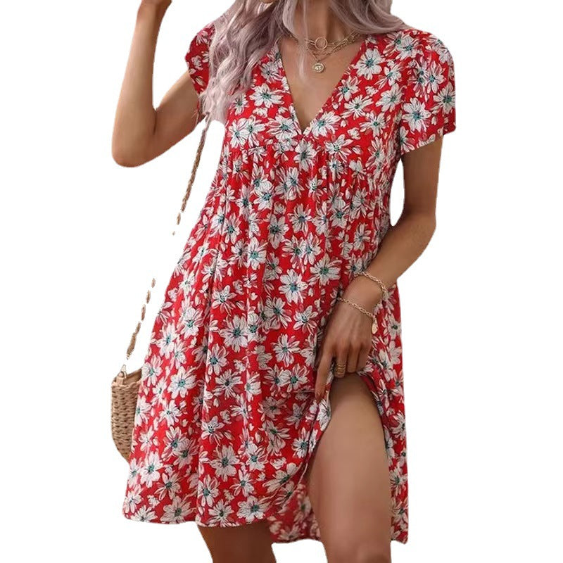 Casual V Neck High Waist Short Sleeves Summer Dresses-Dresses-Red-S-Free Shipping Leatheretro