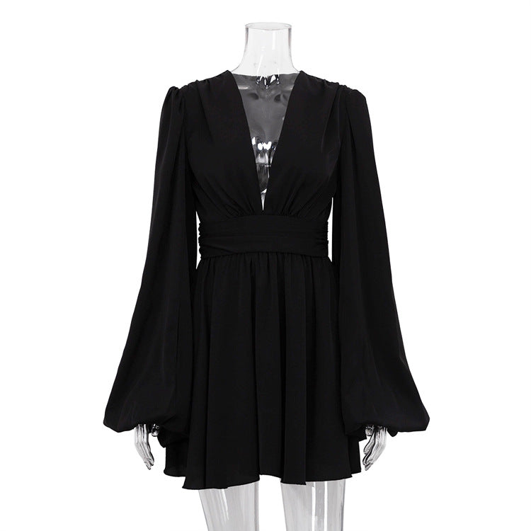 Sexy High Waist Deep V Neck Short Mini Dresses-Dresses-Black-S-Free Shipping Leatheretro