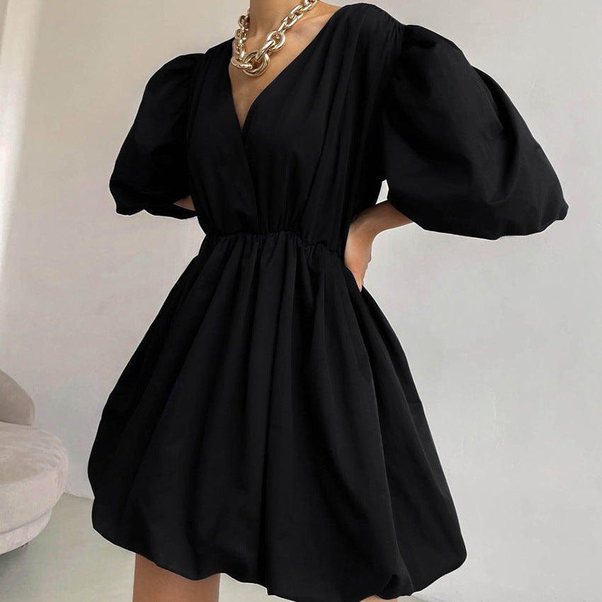 Summer Puff Sleeves Women Mini Dresses-Dresses-Black-S-Free Shipping Leatheretro