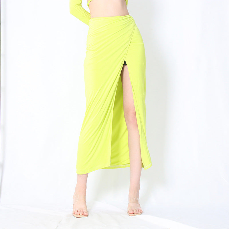 Sexy V Neck Long Sleeves Top and Split Front Skirt Sets-Dresses-Green-S-Free Shipping Leatheretro