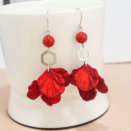 Red Petal Design Women Sterling Silver Dangle Earrings-Earrings-Red-Free Shipping Leatheretro