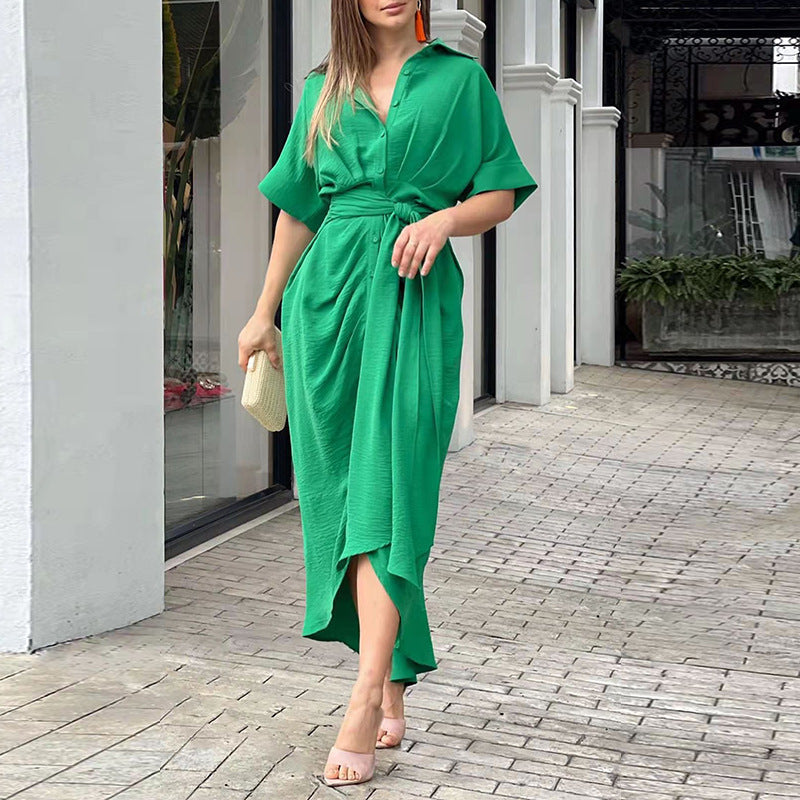 Summer Women Midi Length Shirts Dresses-Dresses-Green-S-Free Shipping Leatheretro