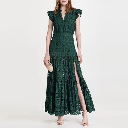 Vintage Embroidery Long Lace Dresses-Dresses-Green-S-Free Shipping Leatheretro