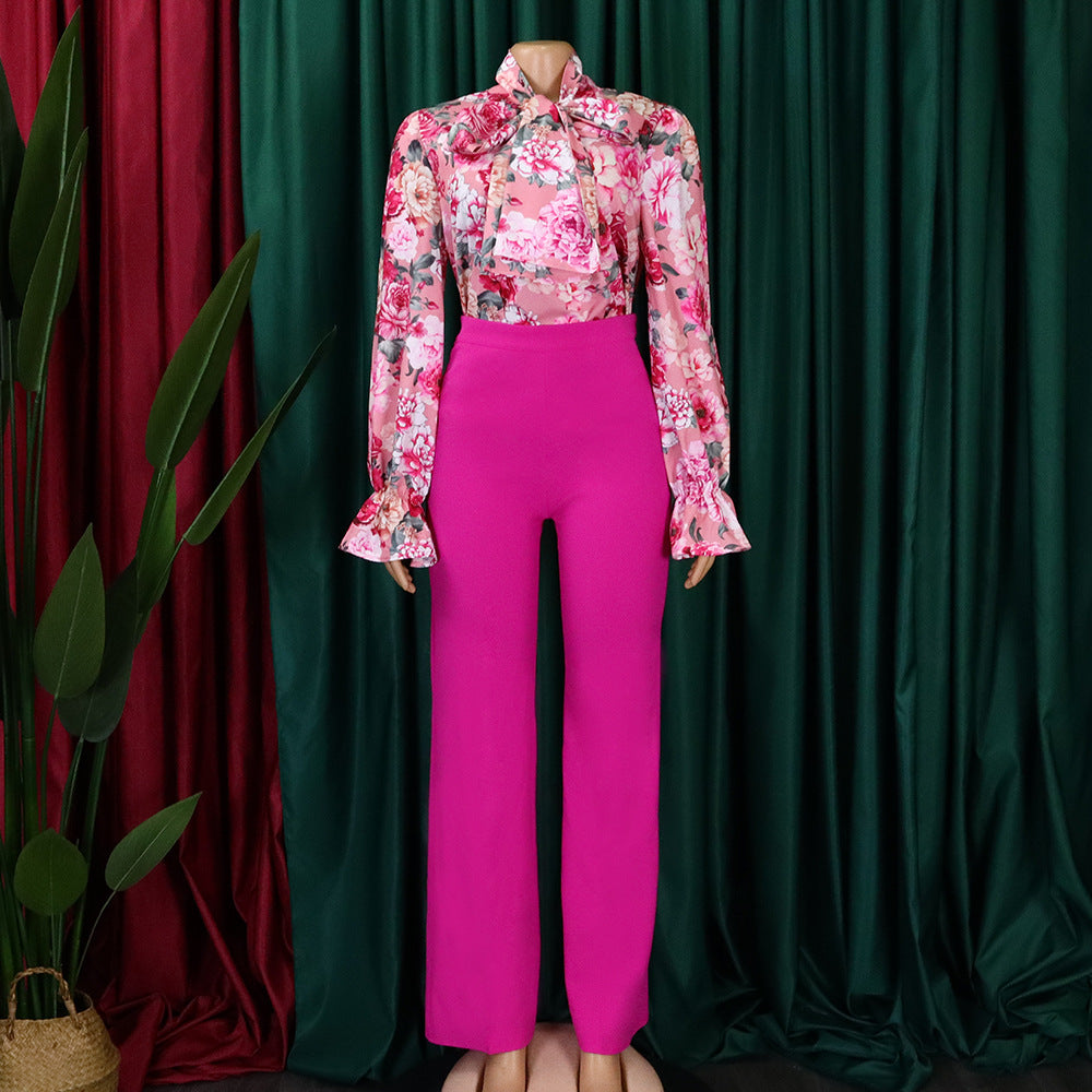 Fashion Plus Sizes Women Long Sleeves Shirts & Pants-Suits-Pink-S-Free Shipping Leatheretro