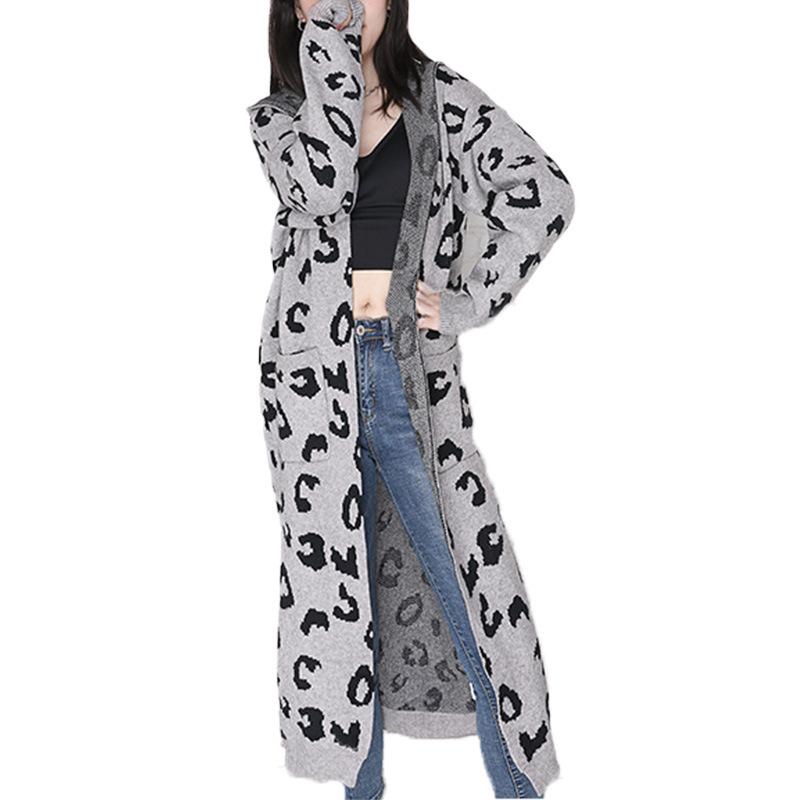 New Leopard Casual Knitting Cardigan Overcoats-Women Overcoat-Gray-M-Free Shipping Leatheretro